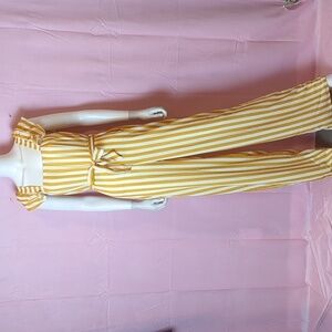 PrettyLittleThing Mustard Stripe Ruffle Sleeve Belted Tie Waist Jumpsuit Size 8